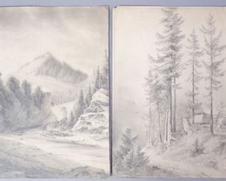 19c Pair Signed Mountain Landscape Pencil Drawings