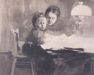 Pen & Ink Mother & Child By Lamplight Drawing 1894 