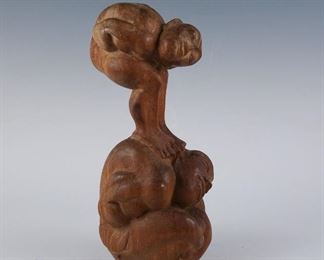 Early 20c Asian Carved Sculpture of Boy & Man Acrobats