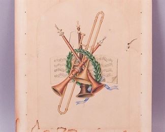 1850s/60s Pen Drawing Ptg Musical Instrument Motif