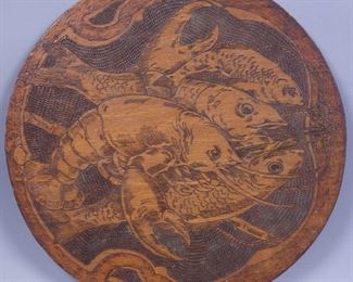 c1900 Flemish Wooden Pyrography Rondell Lobster & Fish