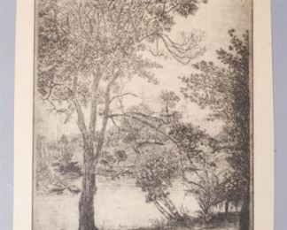 Leon Dolice 1922 Etching Print Central Park NYC Signed