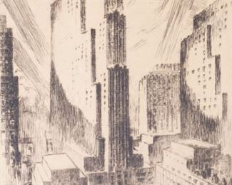 Ejnar Hansen 1930s Rockefeller Center NYC Etching