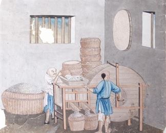 c1900 Chinese Painting of 2 Workers in Grain Mill