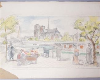 Original Colored Drawing Paris Scene Notre-Dame Seine