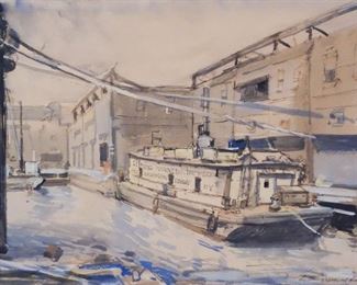 James S Hulme Painting of Welding Barge at NYC Dock