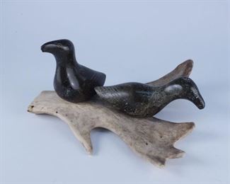 Signed Hand Carved Stone Sculpture of Two Ducks