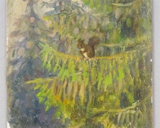 Nikolai Becker Oil Painting Squirrel in Pine Tree
