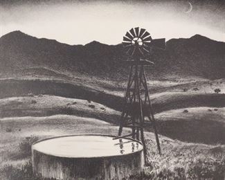 Peter Hurd Western Print Windmill & Well at Night