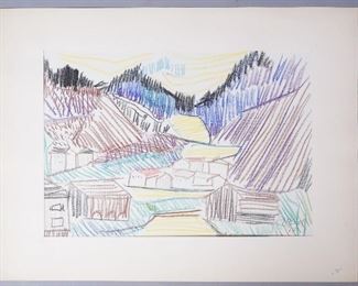 Andreas Bindl Crayon Landscape Drawing 1964