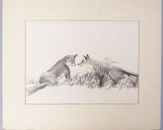Douglas Howland Signed Graphite Drawing Pair of Foxes