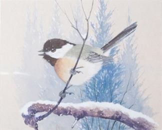 Douglas Howland Painting Snowy Bird Chickadee on Branch