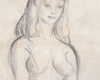 Signed American Leon Wall Nude Portrait Pencil Drawing