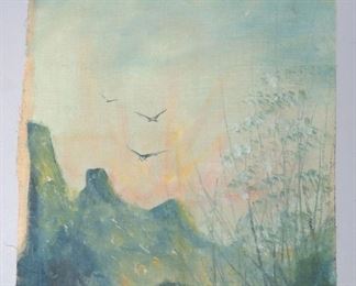 Francis West Oil Ptg Canvas Birds In Sunset Landscape