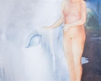 Signed Juan Sanchez Large Oil on Canvas Nude w Seashell