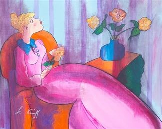 Signed Linda le Kinff Painting Reclining Lady w Flowers