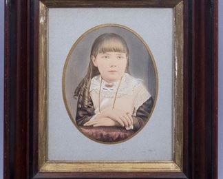 Victorian Watercolor Detail Photo of Girl Walnut Frame