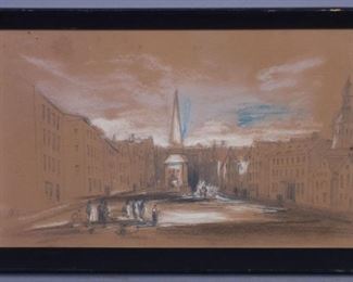 Signed Graphite & Oil Crayon 1851 Town Square Drawing