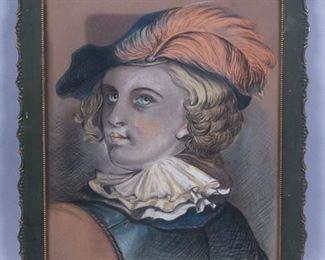 19c Charcoal Pastel Portrait of Young Man in Plumed Hat