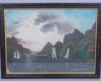19c Primitive lg Mountain Lake Landscape Painting