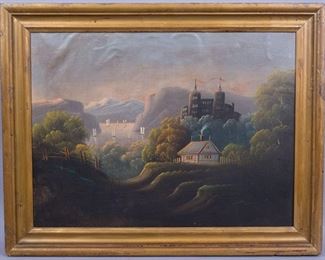 19c Orig Oil on Canvas Castle House Boats in Landscape