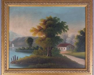 19c Landscape Painting House and Boat