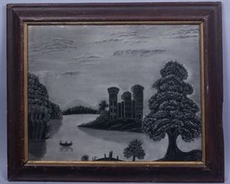 19c Folk Art Sandpaper Painting Castle Lake Landscape
