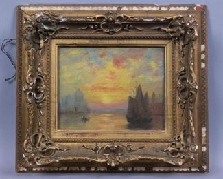 19c Venice Sunset Waterscape Painting Illegibly Signed