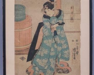 Japanese Woodblock Print of Woman in Kimono w Tea