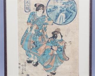 Japanese Woodblock Print 2 Geishas and Landscape