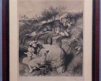Landseer Zobel Engraving "The Twins" Sheepdog Scene