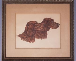 Signed Aquatint Etching Print of Two Hunting Dogs