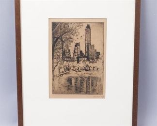 Signed Mabel Raymond Ward Central Park NYC Etching