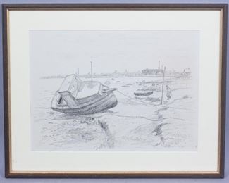 HJ Peck Orig Drawing Fishing Boat at Wharf Warren RI