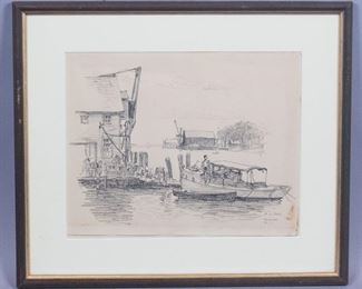 Signed HJ Peck Warren RI Boats in Harbor Drawing