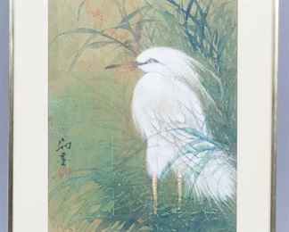 Antique Asian Painting of Egret Signed 