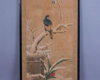 Asian Painting on Panel Birds in Snowy Landscape