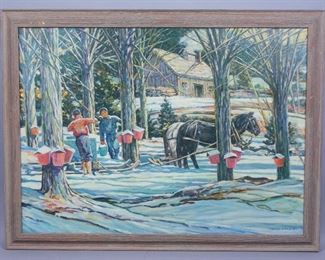 Lg Maple Sugaring Forest Snow Scene Painting H.E. Pratt