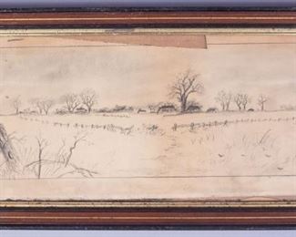 Signed SJC 1905 Panoramic Drawing Fields Barn Scene