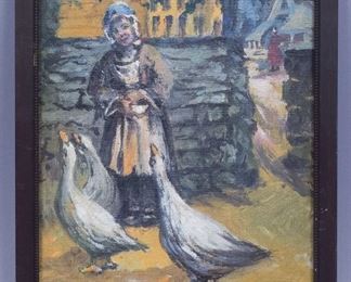 Signed Harriette Bowdoin Painting Woman Feeding Geese