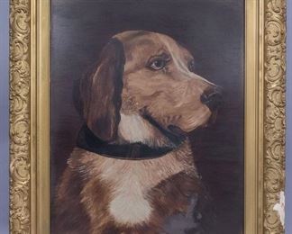 Antique Lg Oil Painting of Hunting Dog Gilded Frame