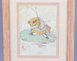 Beatrix Potter Style Orig Watercolor Frog on Lilypad