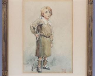 1918 Signed Watercolor Painting of Boy on Crutches