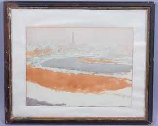 Signed AA Lehr Watercolor Painting Industrial Landscape