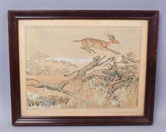 African Savanna Leopard Hunting Painting Signed Sestero
