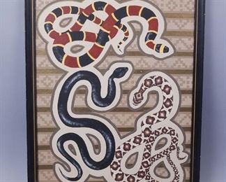 Signed JP Orig Oil Painting Mid Century Modern 3 Snakes