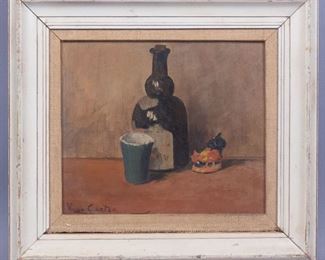 Signed Orig Still Life Painting Scotch Bottle & Rooster