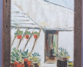 Lg Oil Ptg on Canvas of House Exterior w Hanging Plants