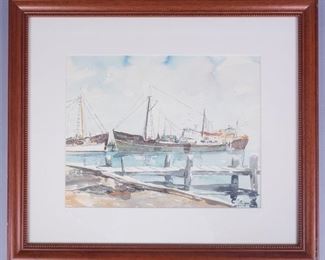 Paule Loring Watercolor Painting Ships at Dock
