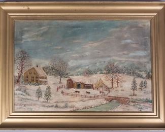 Folk Art Outsider Winter Horse Farm Corral Painting